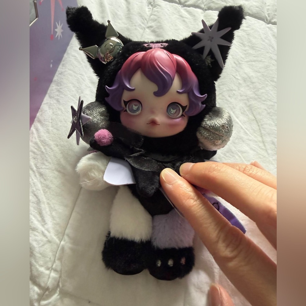Skullpanda Plush Doll — Black with Pink & Purple Hair